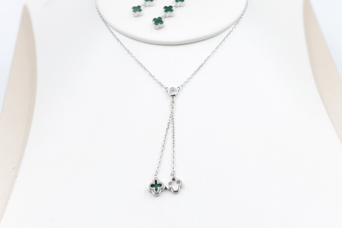 Stg Silver Necklace & Earring set with Green Motif IRA04