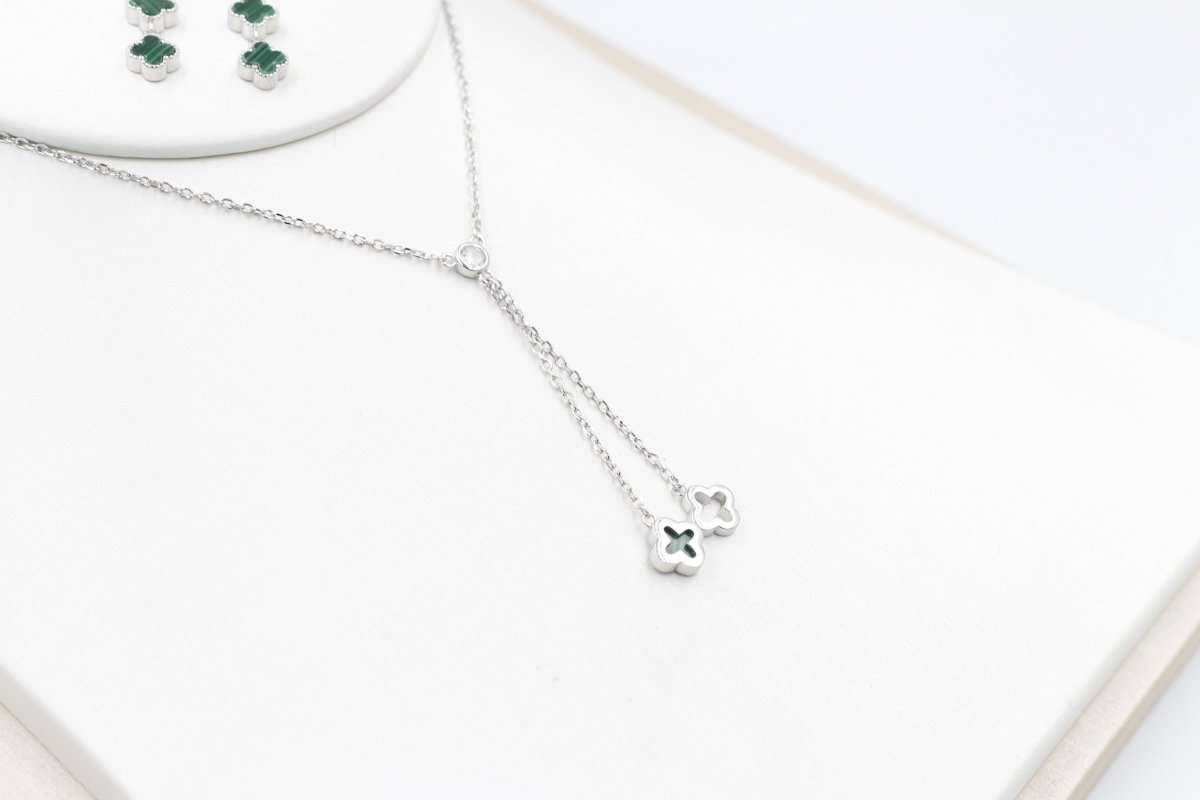Stg Silver Necklace & Earring set with Green Motif IRA04