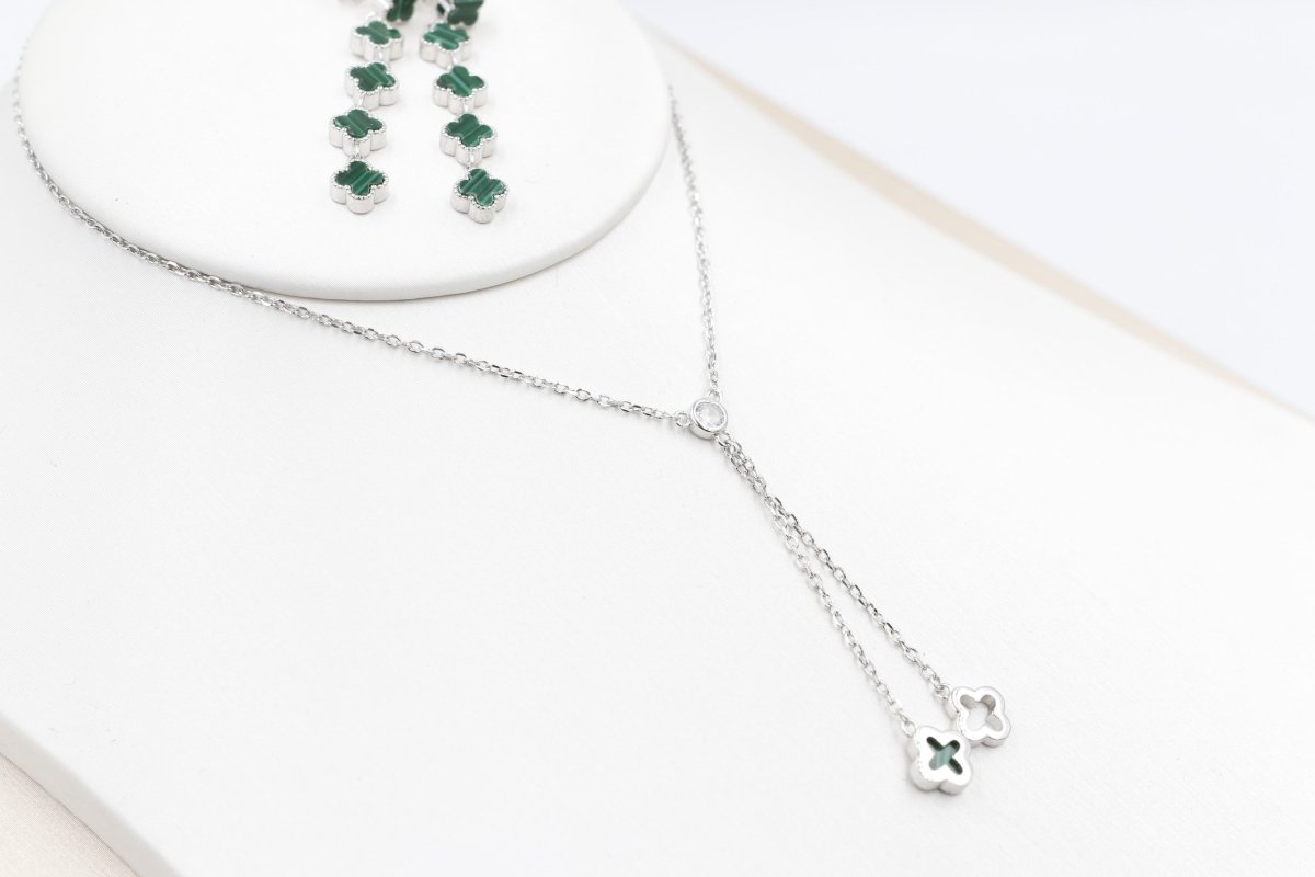 Stg Silver Necklace & Earring set with Green Motif IRA04
