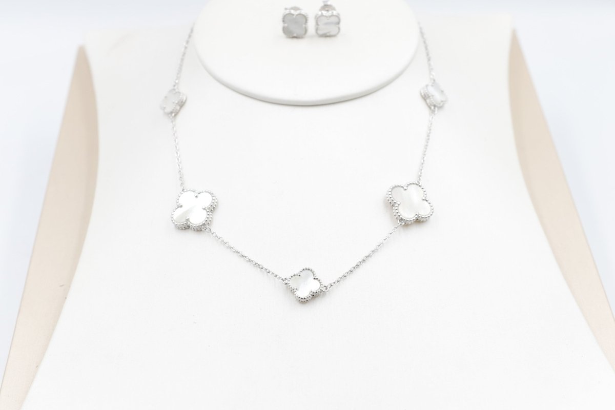 Stg Silver Necklace and Earring set with white Motif IRA01