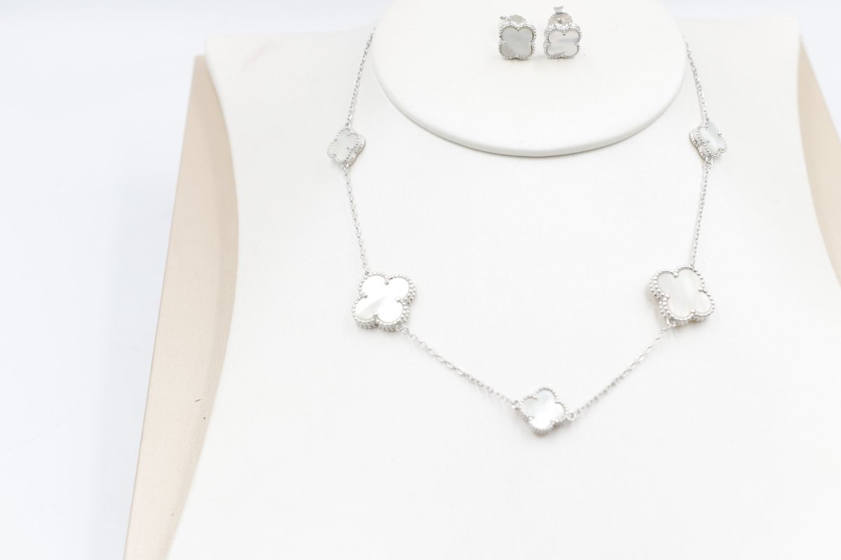 Stg Silver Necklace and Earring set with white Motif IRA01