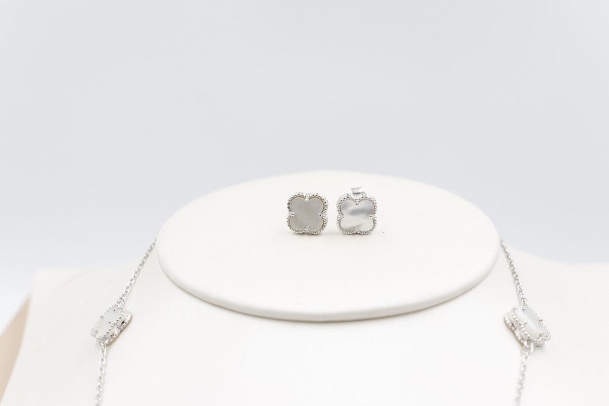 Stg Silver Necklace and Earring set with white Motif IRA01