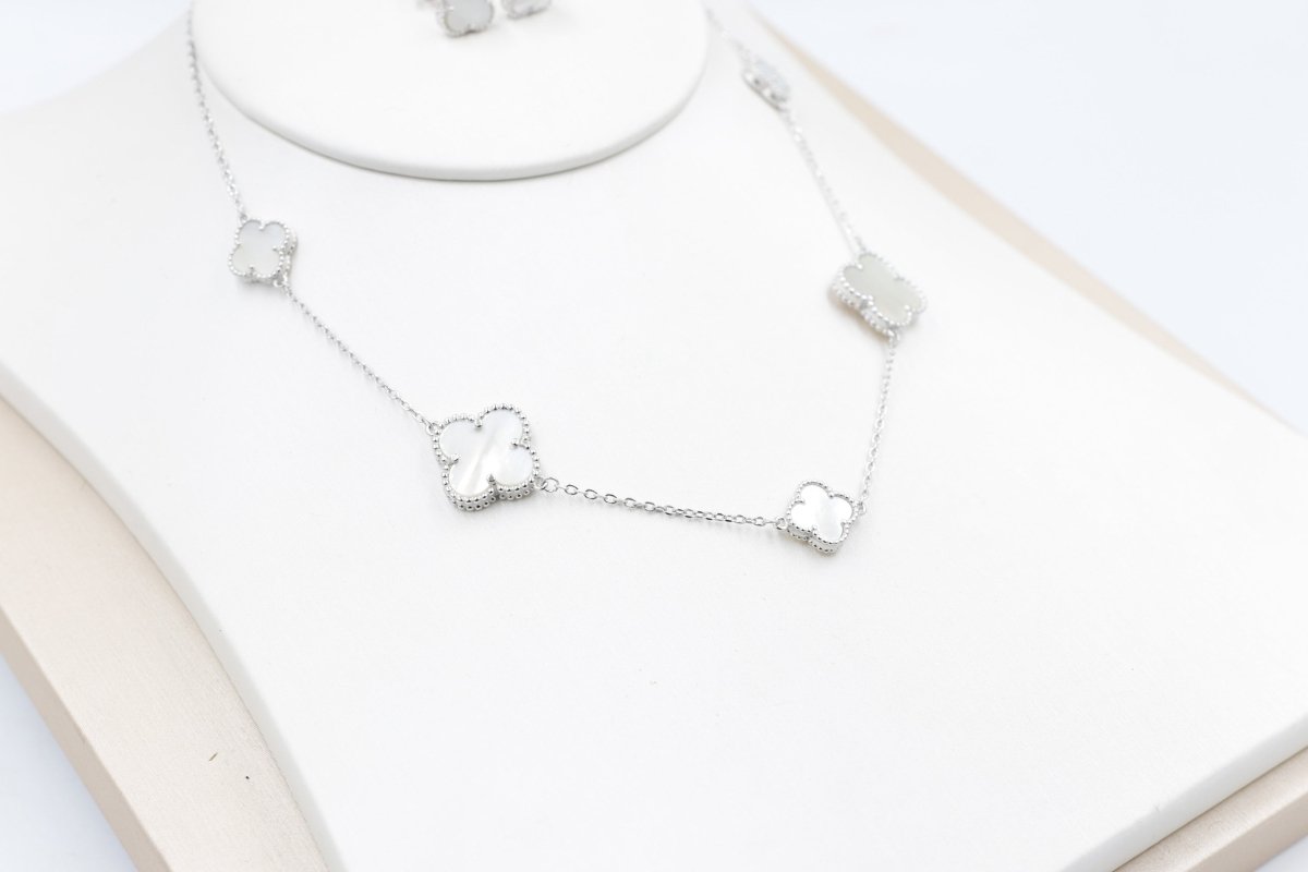 Stg Silver Necklace and Earring set with white Motif IRA01