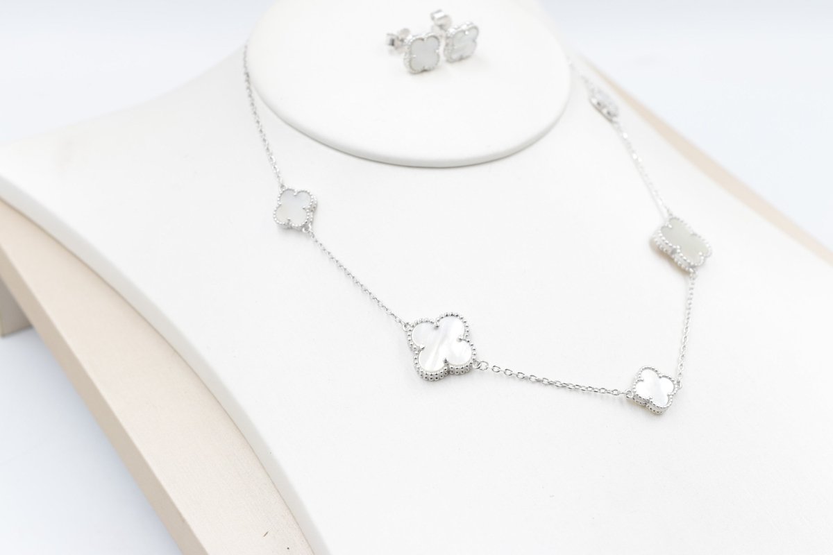 Stg Silver Necklace and Earring set with white Motif IRA01