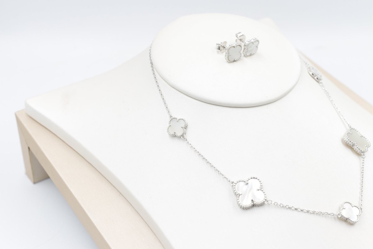 Stg Silver Necklace and Earring set with white Motif IRA01
