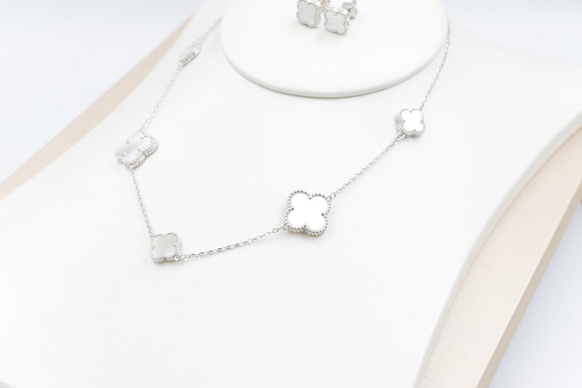 Stg Silver Necklace and Earring set with white Motif IRA01