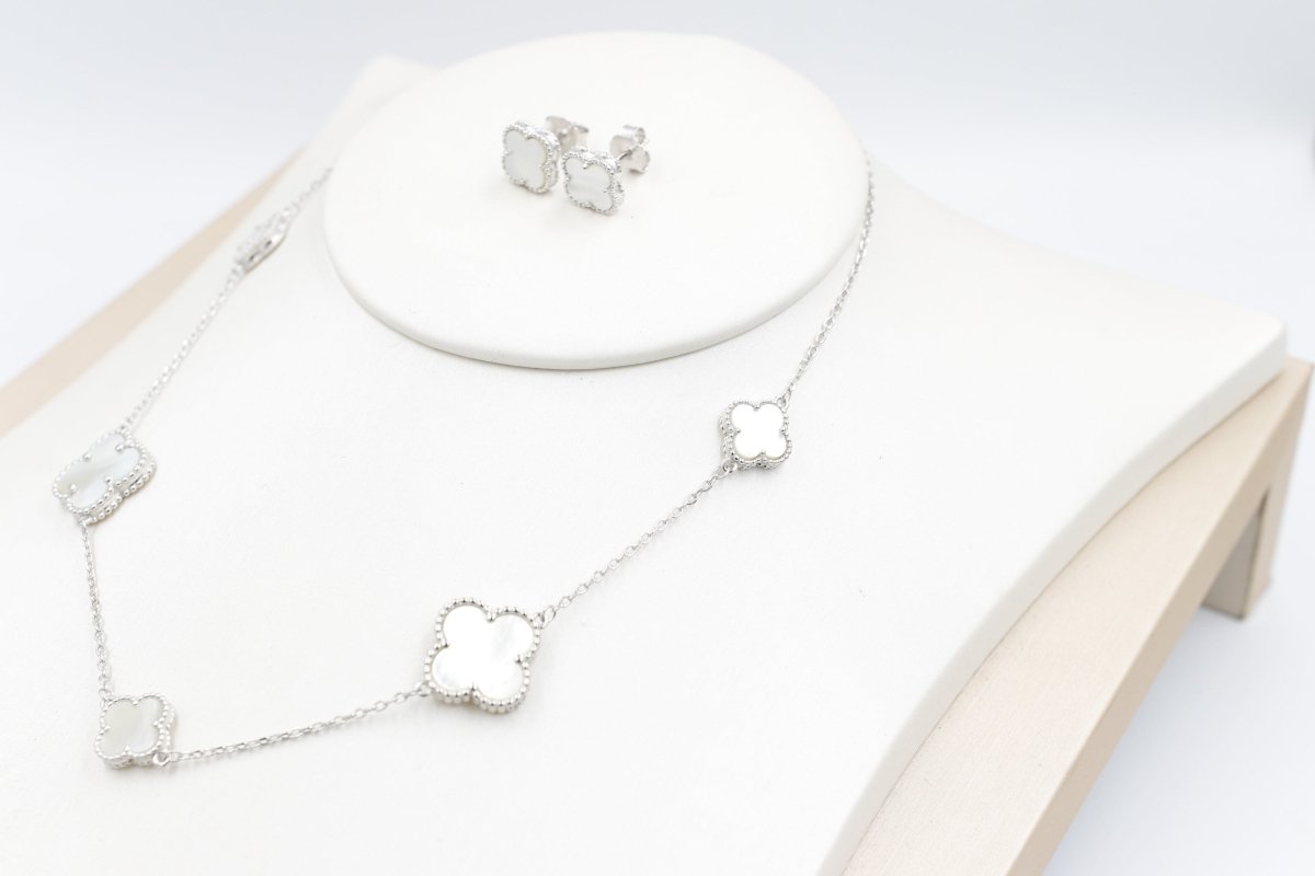 Stg Silver Necklace and Earring set with white Motif IRA01