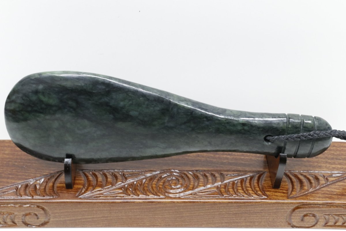 New Zealand Greenstone Mere 300mm or 30cm with Native wood Base