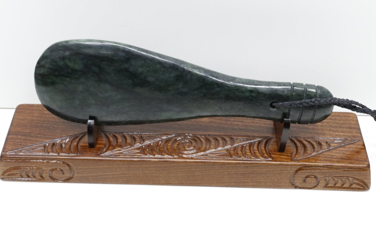 New Zealand Greenstone Mere 300mm or 30cm with Native wood Base