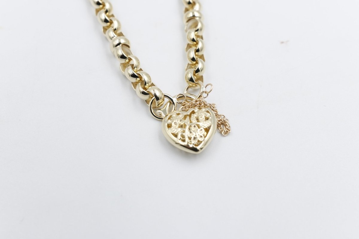 9ct Gold Handmade belcher Bracelet with Filigree Heart SYBA83