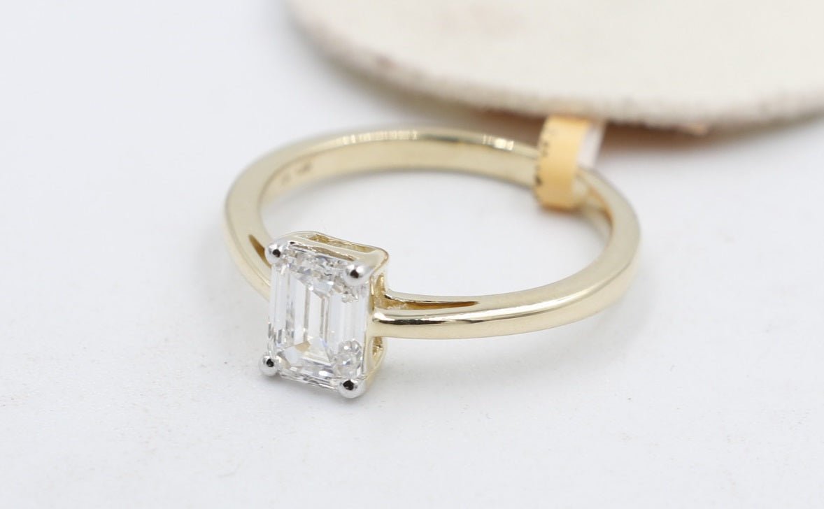 14ct Yellow Gold Certified 1ct Lab Grown Emerald Cut Diamond Ring