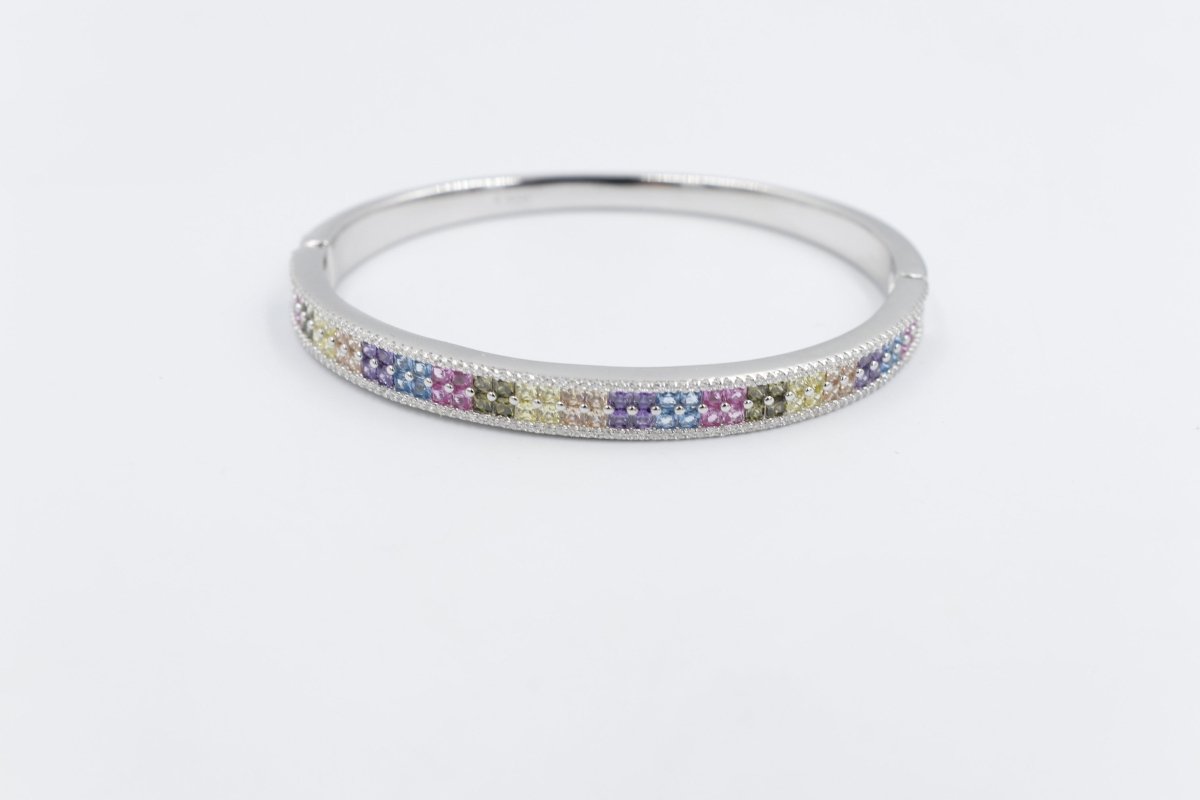 Stg Silver Snap Bangle with Multi Color Stones