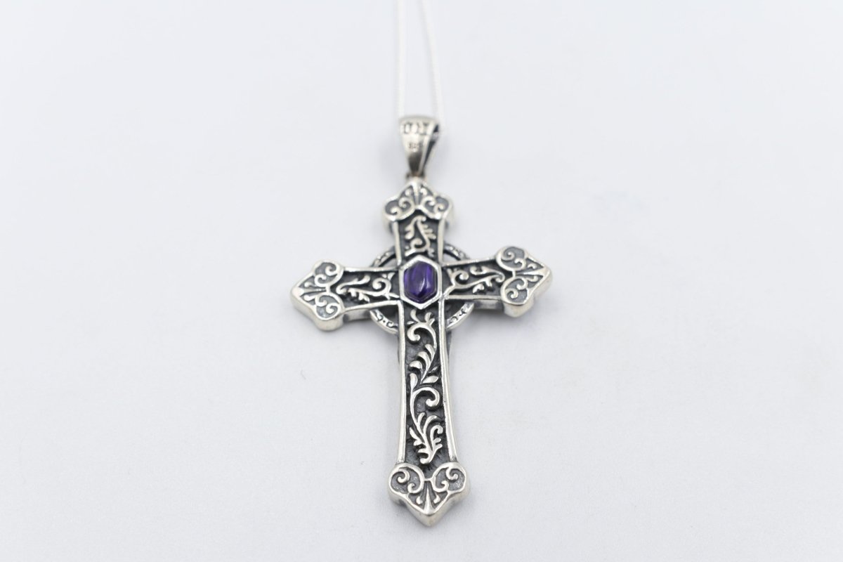 Stg Silver Heavy Cross with Amethyst