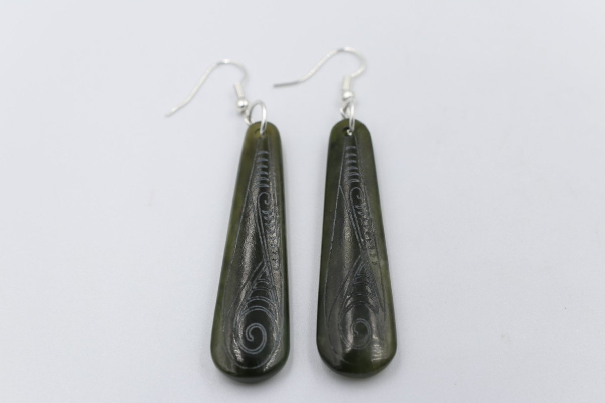 Stg Silver NZ Greenstone Engraved Drop Earrings