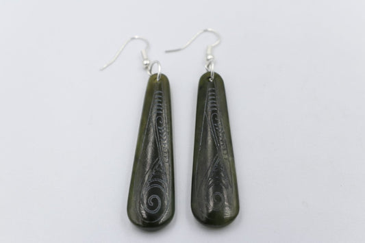 Stg Silver NZ Greenstone Engraved Drop Earrings