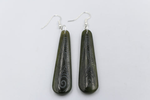 Stg Silver NZ Greenstone Engraved Drop Earrings