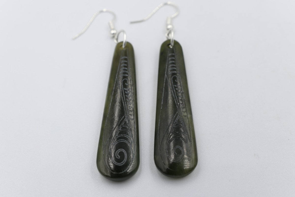 Stg Silver NZ Greenstone Engraved Drop Earrings