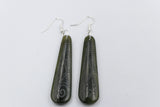 Stg Silver NZ Greenstone Engraved Drop Earrings