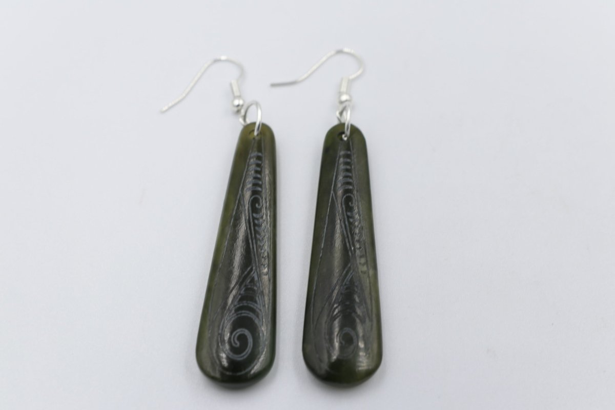 Stg Silver NZ Greenstone Engraved Drop Earrings