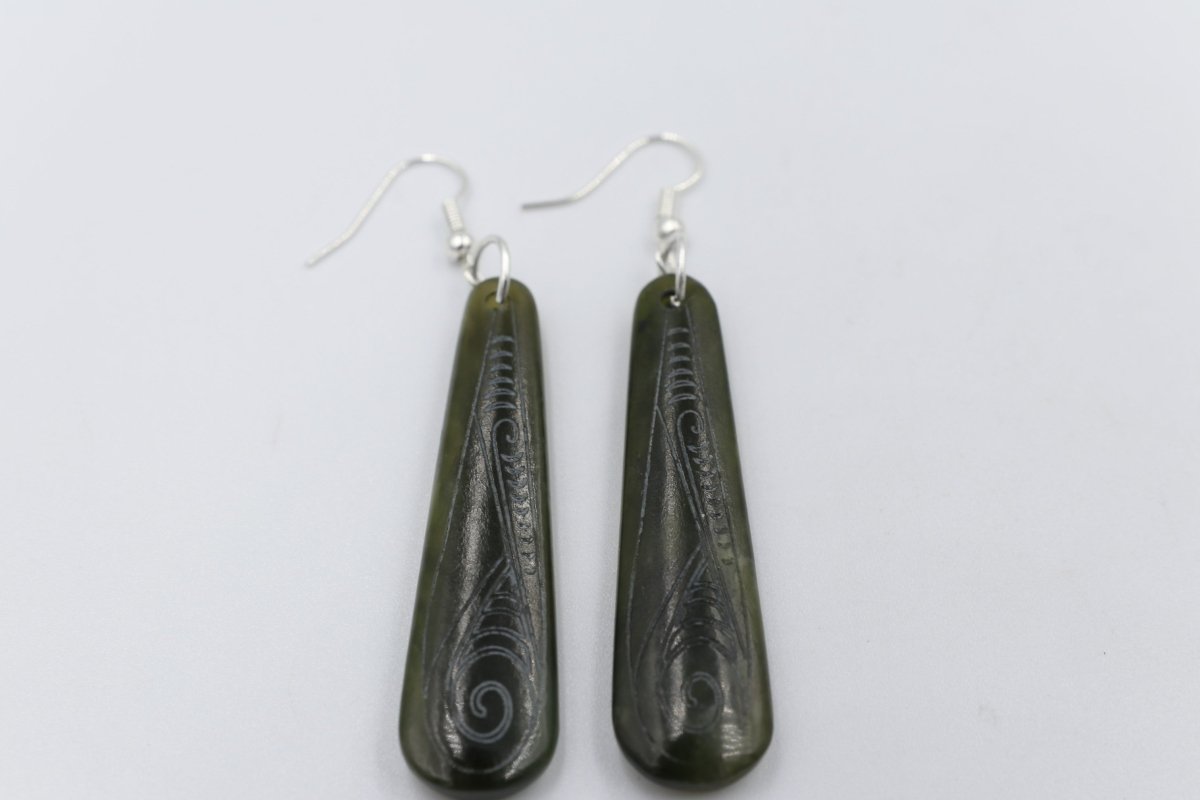 Stg Silver NZ Greenstone Engraved Drop Earrings