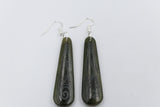 Stg Silver NZ Greenstone Engraved Drop Earrings