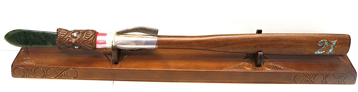 New Zealand Made Wooden 21st Taiaha with base & Greenstone Blade