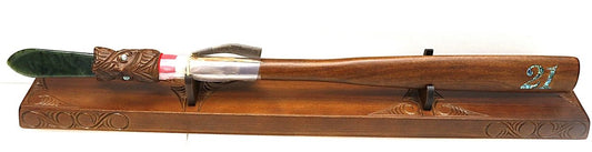 New Zealand Made Wooden 21st Taiaha with base & Greenstone Blade