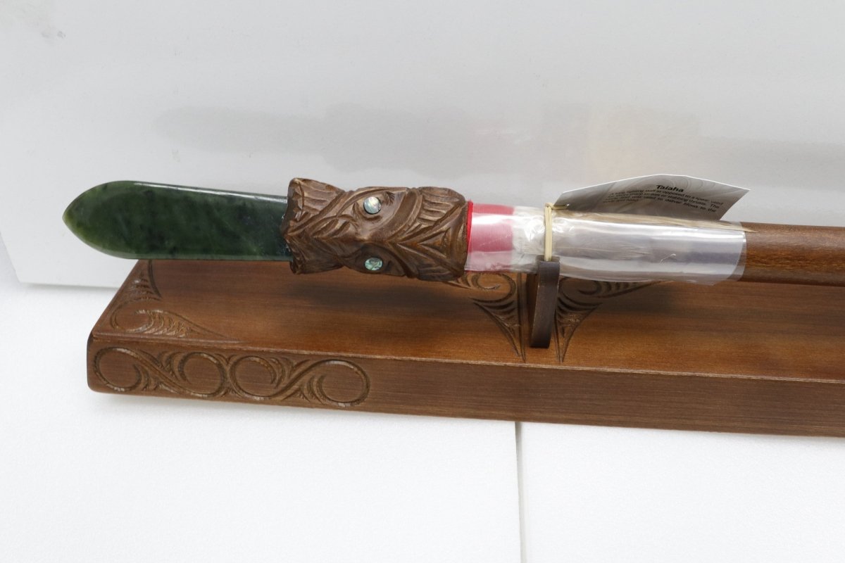 New Zealand Made Wooden 21st Taiaha with base & Greenstone Blade