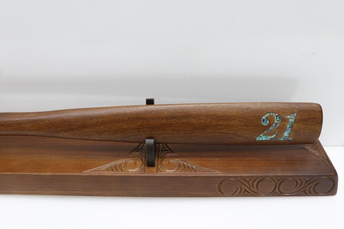 New Zealand Made Wooden 21st Taiaha with base & Greenstone Blade