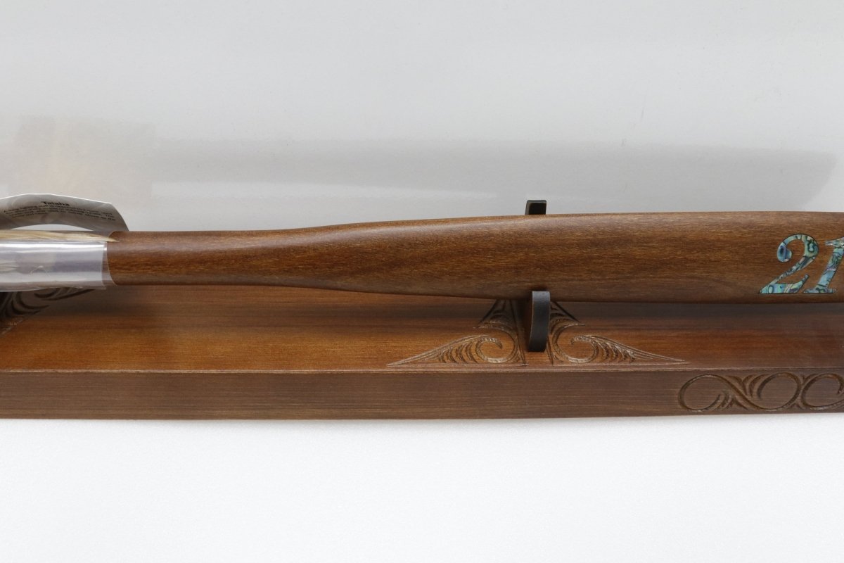 New Zealand Made Wooden 21st Taiaha with base & Greenstone Blade