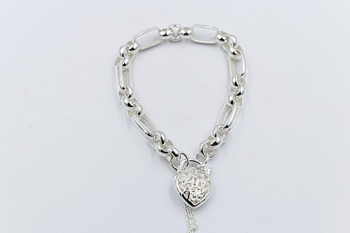 Stg Silver Handmade belcher Bracelet with Filigree Heart