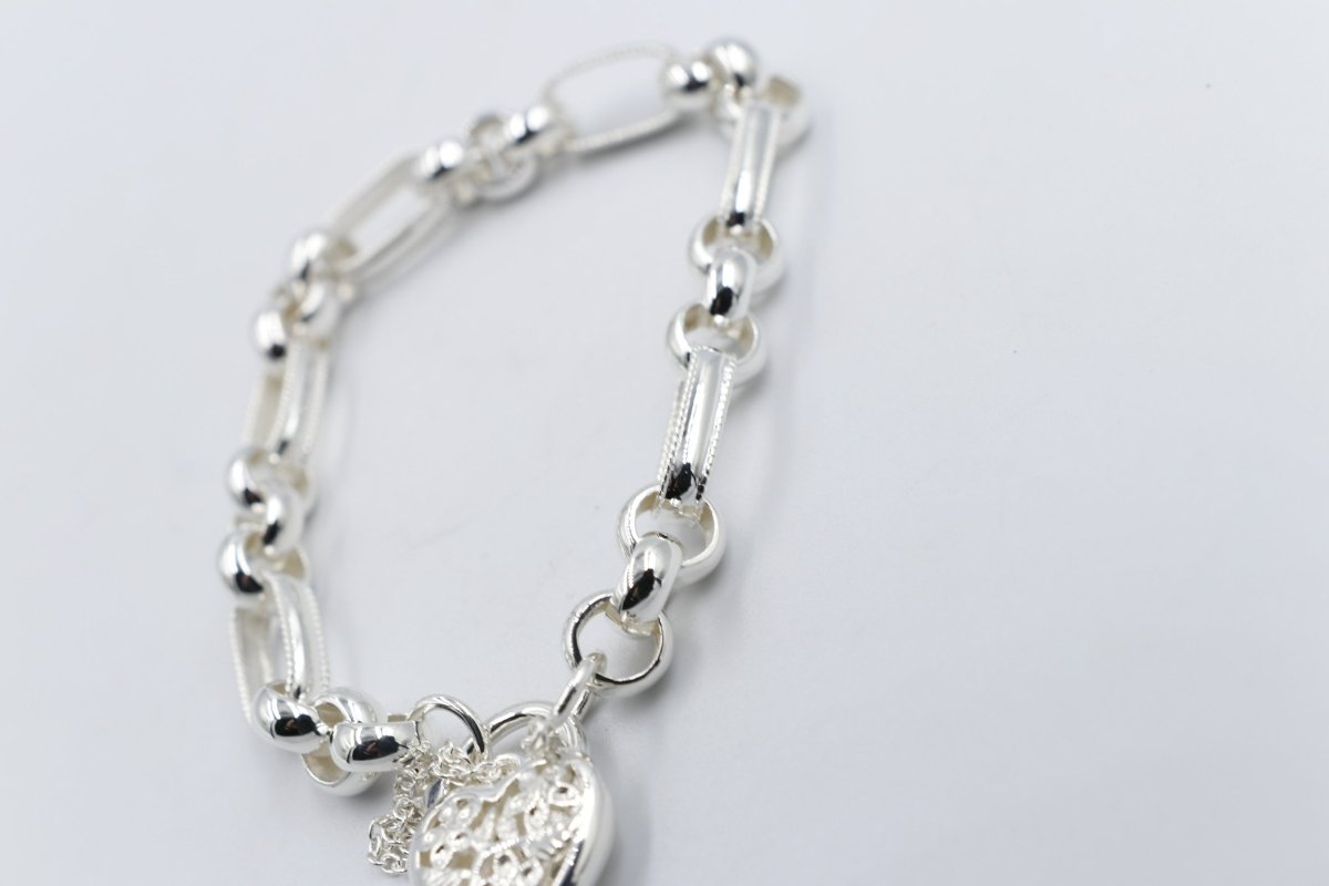 Stg Silver Handmade belcher Bracelet with Filigree Heart