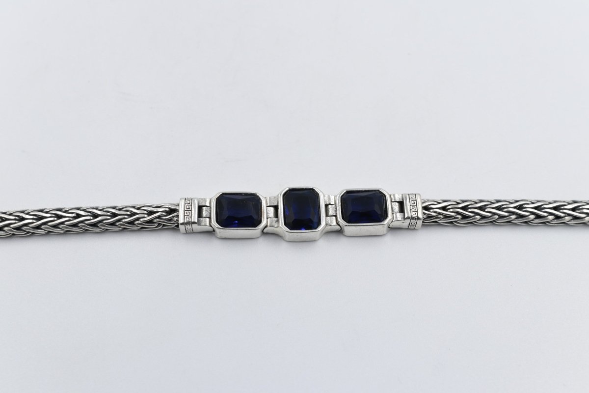 Stg Silver Oxidised Bracelet with Syn Sapphire Stones