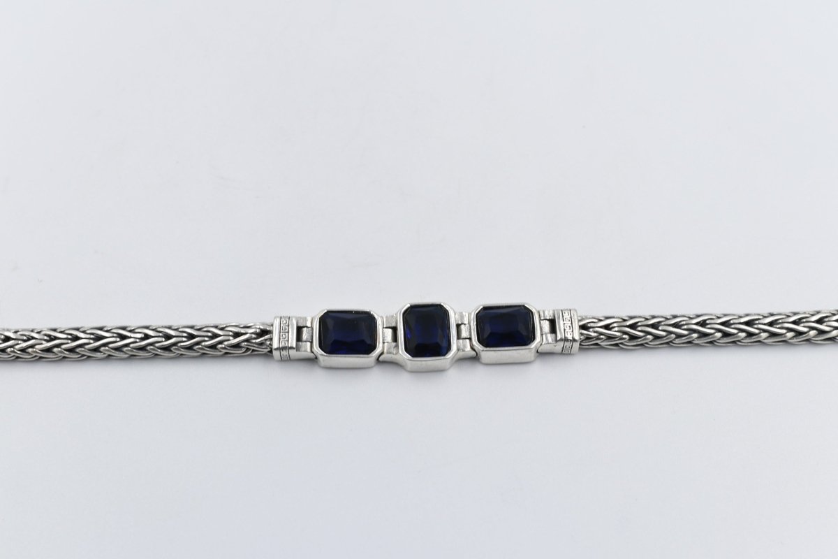 Stg Silver Oxidised Bracelet with Syn Sapphire Stones