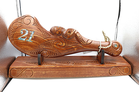 Native New Zealand Wood Paua 21st Wahaika With Base