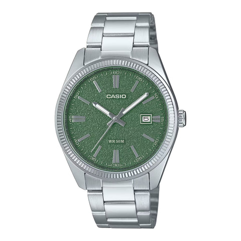 Casio steel strap silver Tone Green face  watch MTP1302DA-3A