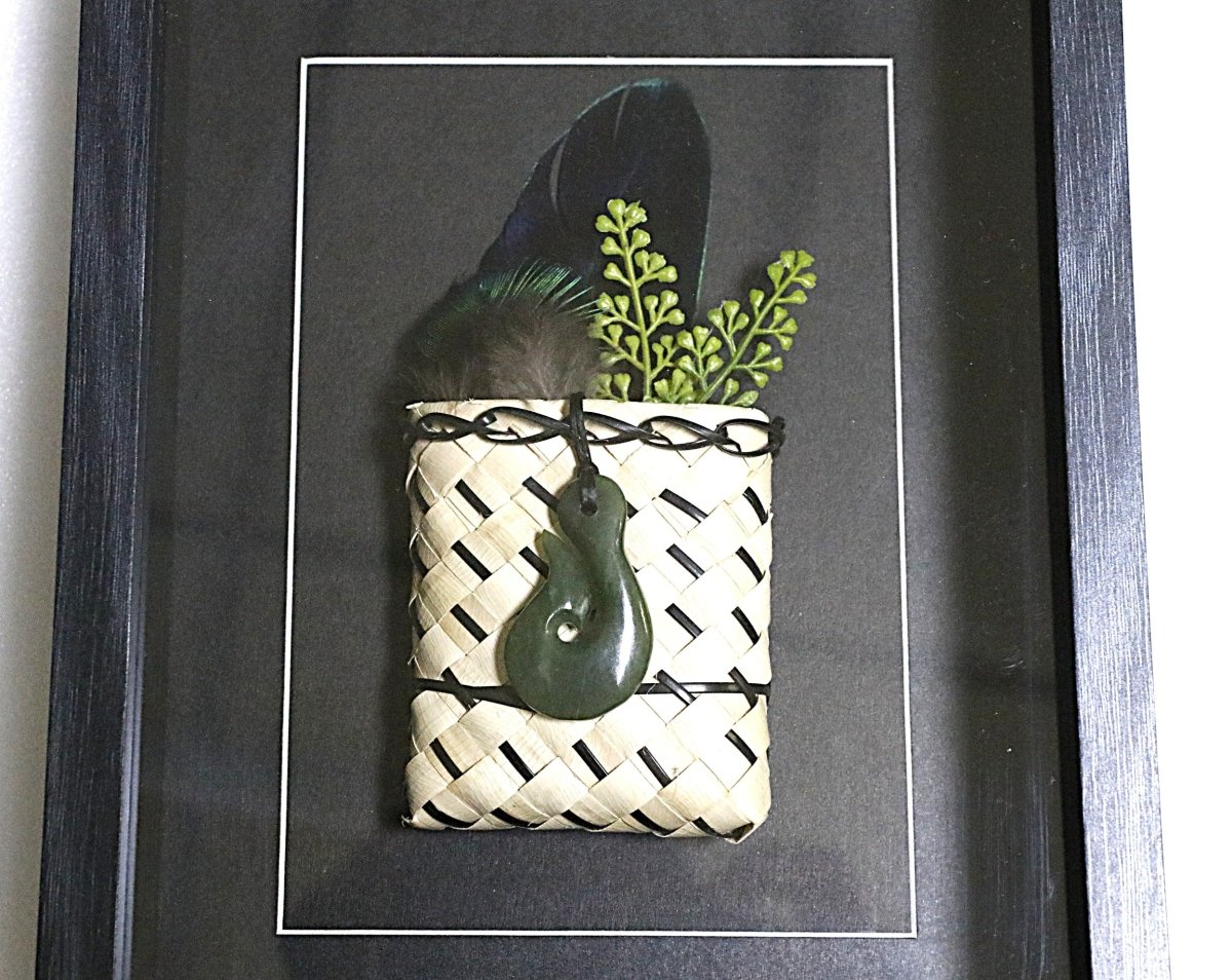Framed New Zealand Greenstone Fish Hook with Feathers & Kete