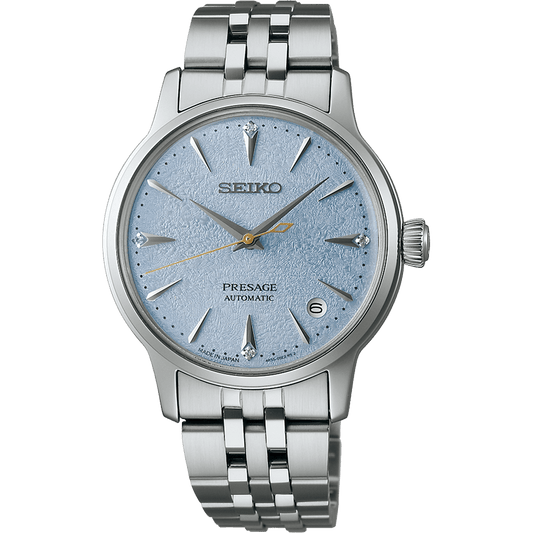 Seiko Presage watch with silver metal bracelet on a white background