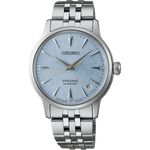 Seiko Presage watch with silver metal bracelet on a white background