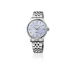 Silver Seiko watch with a white face on a white background