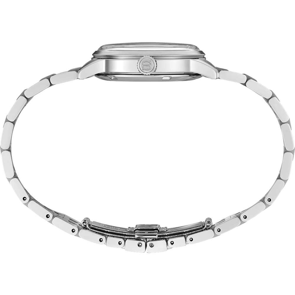 Close-up of a silver watch band on a white background