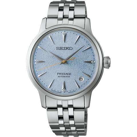 Seiko Presage watch with silver metal bracelet on a white background