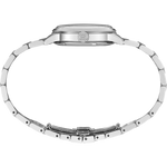 Close-up of a silver watch band on a white background