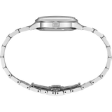 Close-up of a silver watch band on a white background