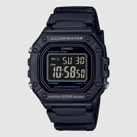 Casio All Black Digital 50m WR Watch- W218H-1B