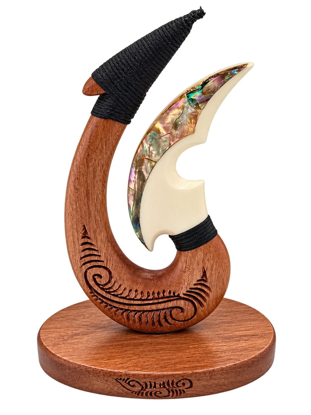 Wooden and Bone Ornament Koru Hook with Paua  100mm VT11