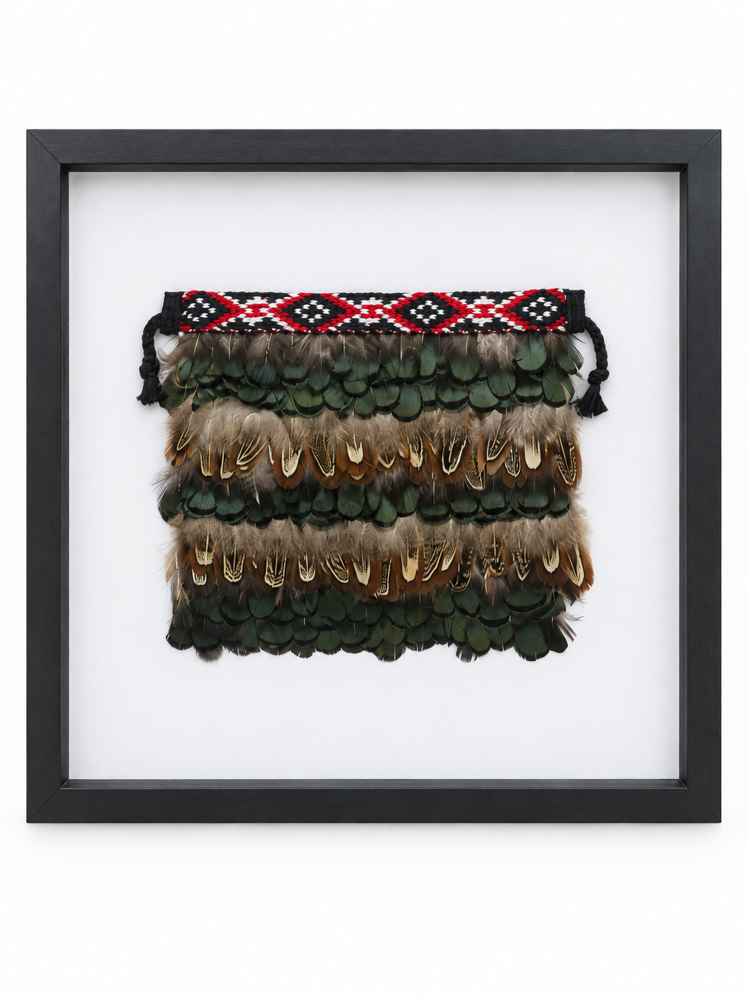 Framed Pheasant Feather Mini Korowai with Red Band KOF003R