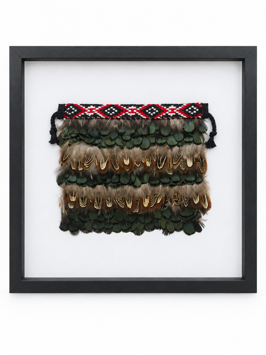 Framed Pheasant Feather Mini Korowai with Red Band KOF003R
