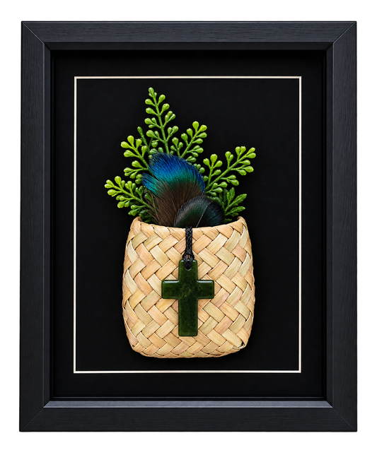 Framed New Zealand Greenstone Cross with Feathers & Kete