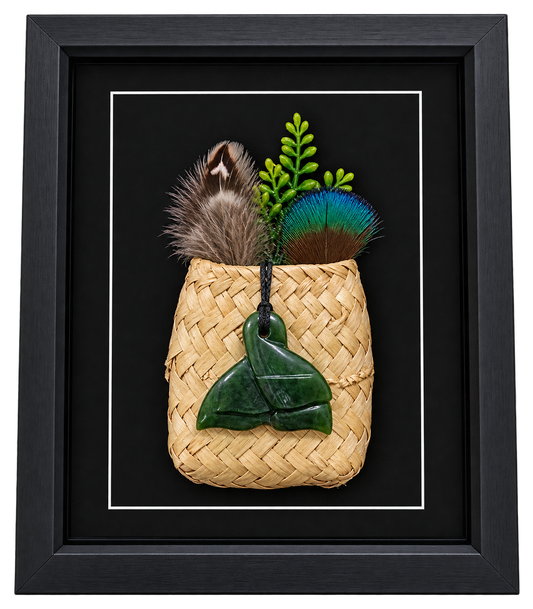 Framed New Zealand Greenstone Whale Tail with Feathers & Kete